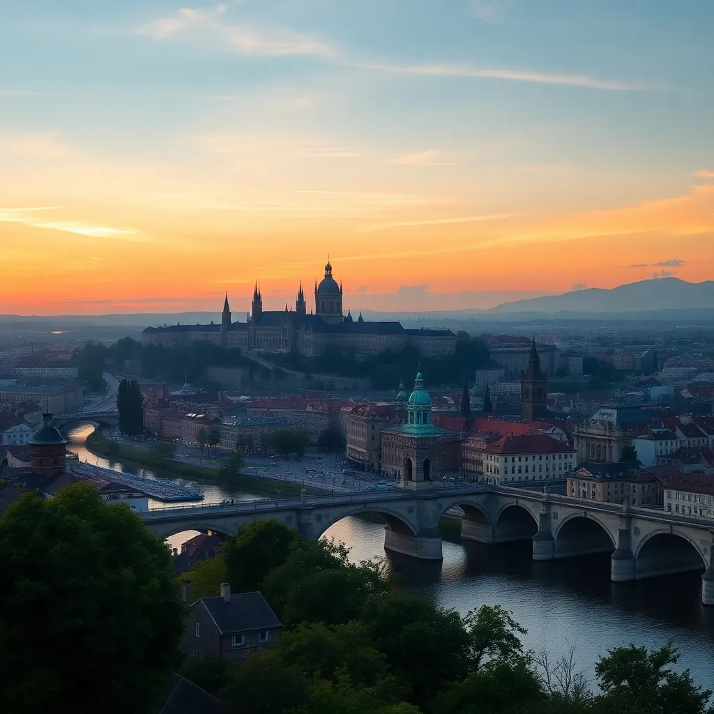 beautiful panoramic view of Prague city with Charles Bridge and Prague Castle at sunset