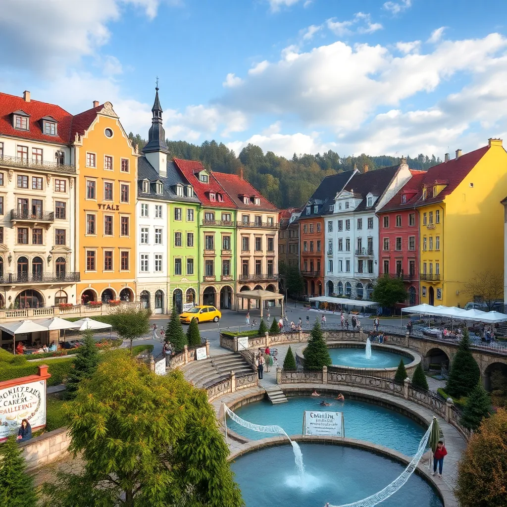 Karlovy Vary spa town with colorful buildings and hot springs, Czech spa town photography