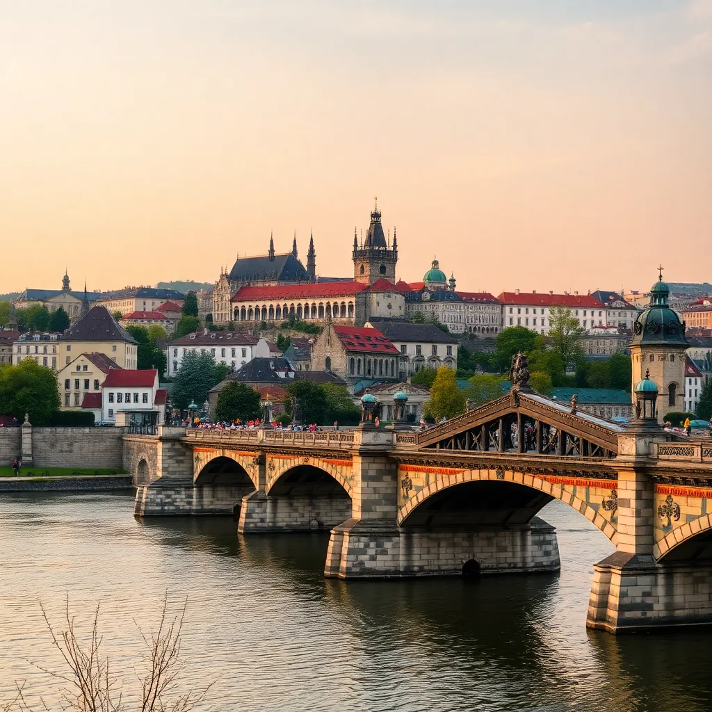 Prague Castle and Charles Bridge view, iconic Prague cityscape photography