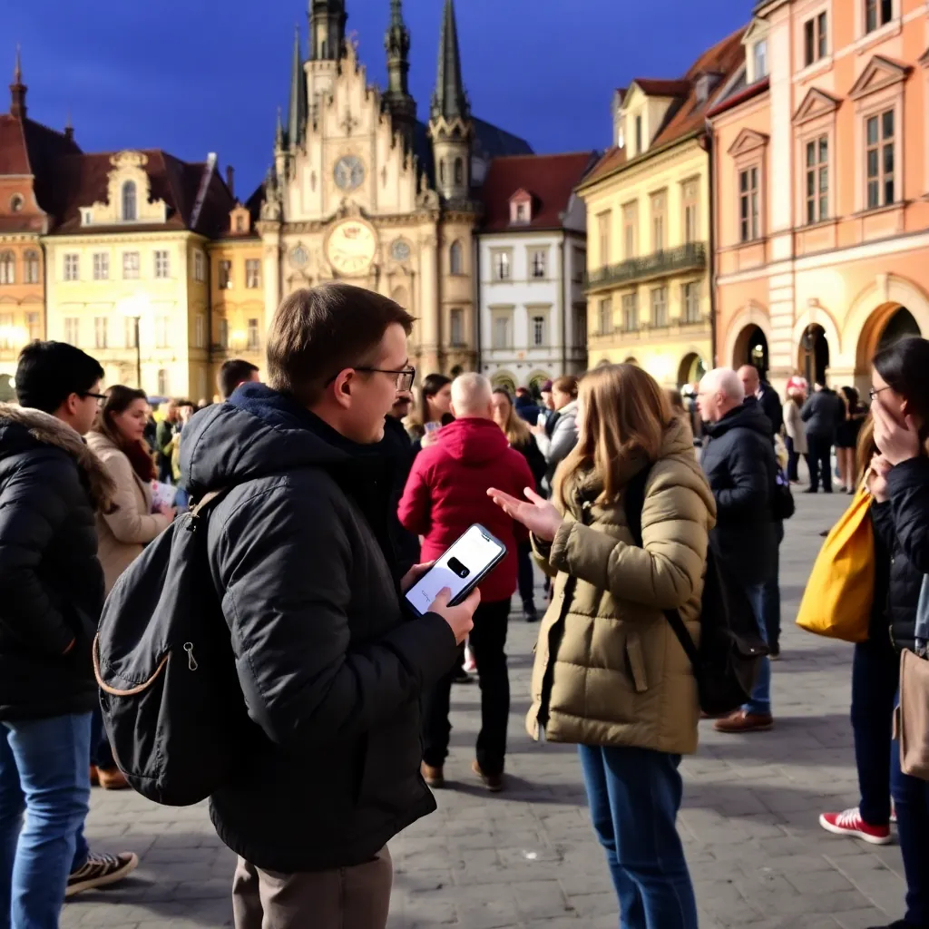 tour guide explaining to tourists in Prague Old Town Square, travel experience photography