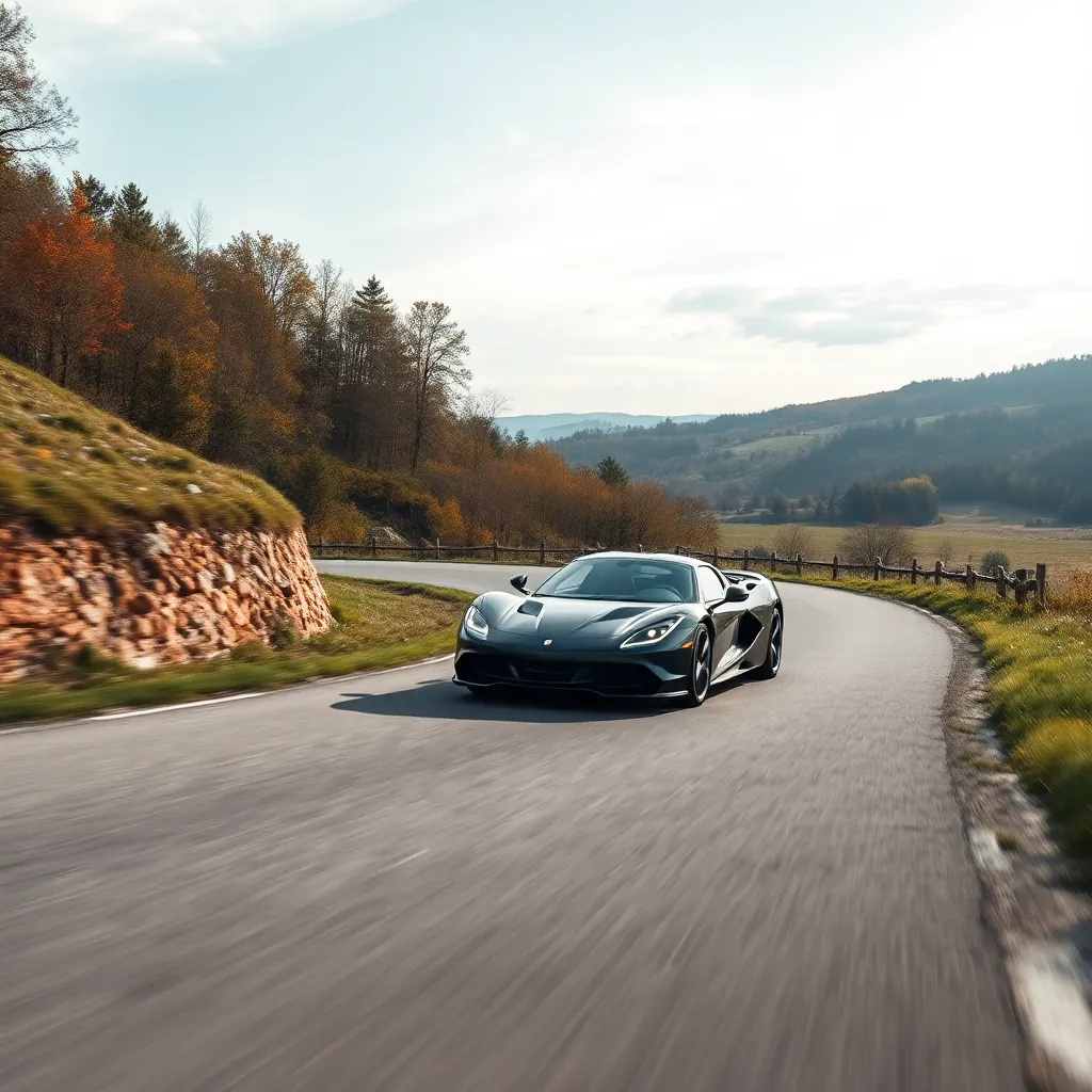 luxury sports car on winding Czech countryside road, automotive experience photography
